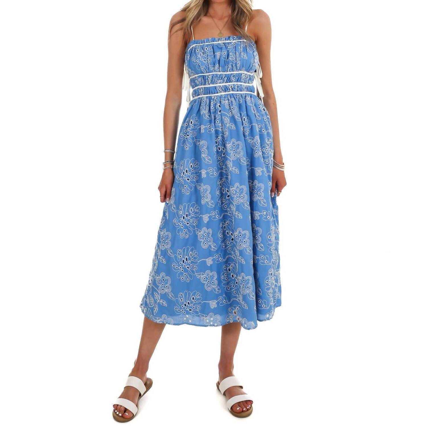 New Tcec Garden Stroll Floral Eyelet Midi Dress In Blue